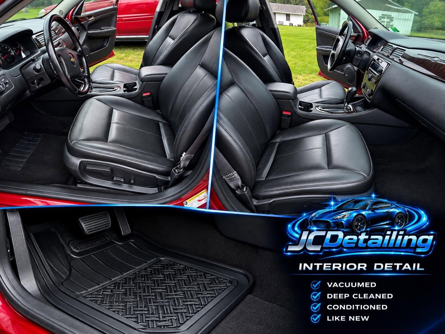 A JCDetailing interior detail: black leather seats, console and floor mats of a red Chevrolet cleaned and conditioned